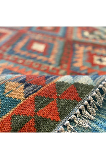 Cotton Serisi Açık Mavi Tonunda Baklavalı Geometrik Desen Dekoratif Dokuma Taban Kilim