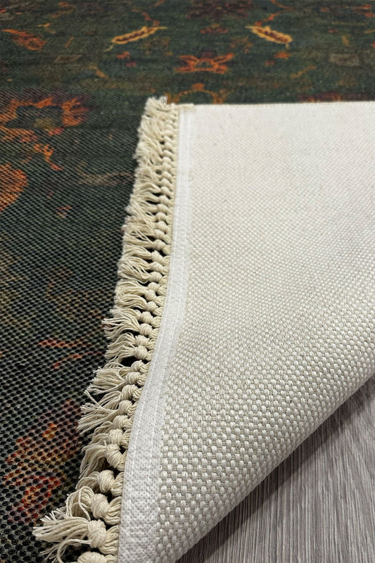 Cotton Koyu Yeşil Desenli Çok Renkli Bohem Pamuk Taban Kilim 2214