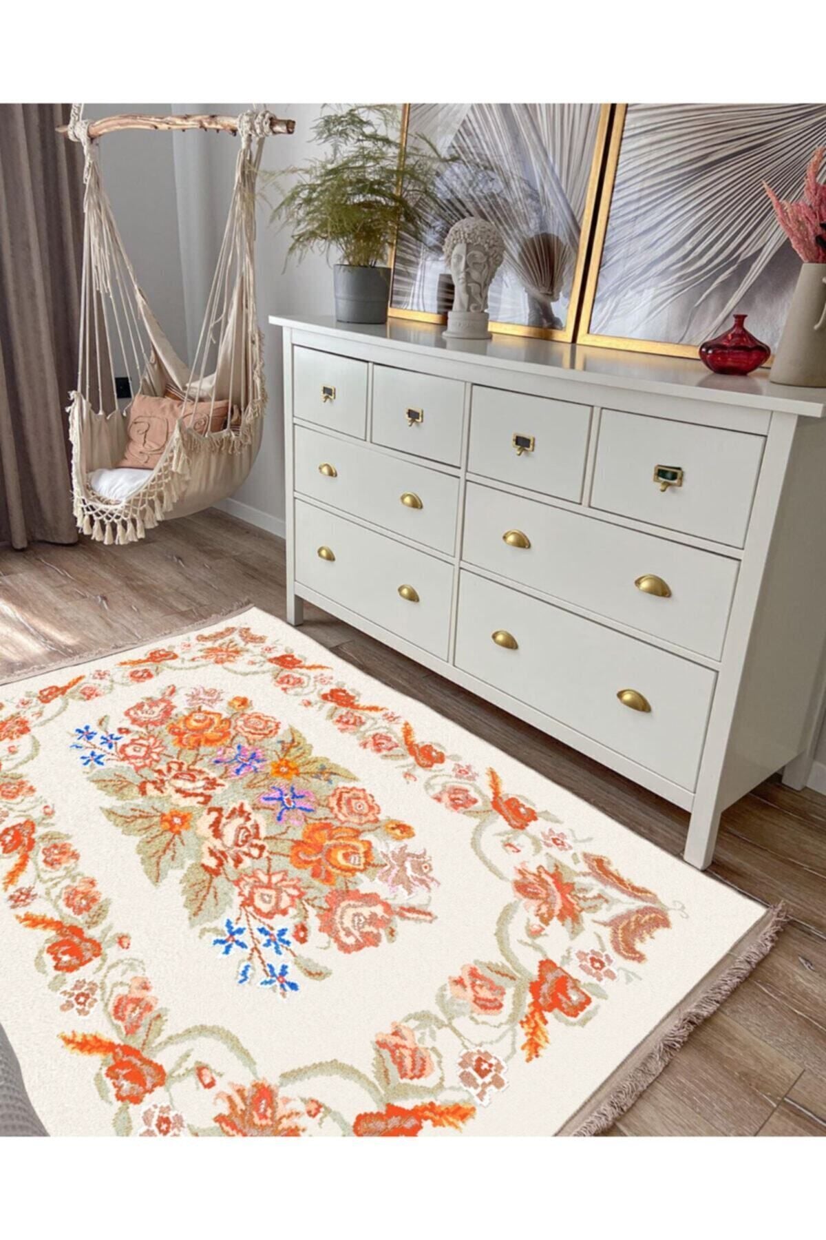 Halı Vagonu 2036 Multy Tonlarında Çiçekli Desen Kaymaz Taban Dekoratif Halı