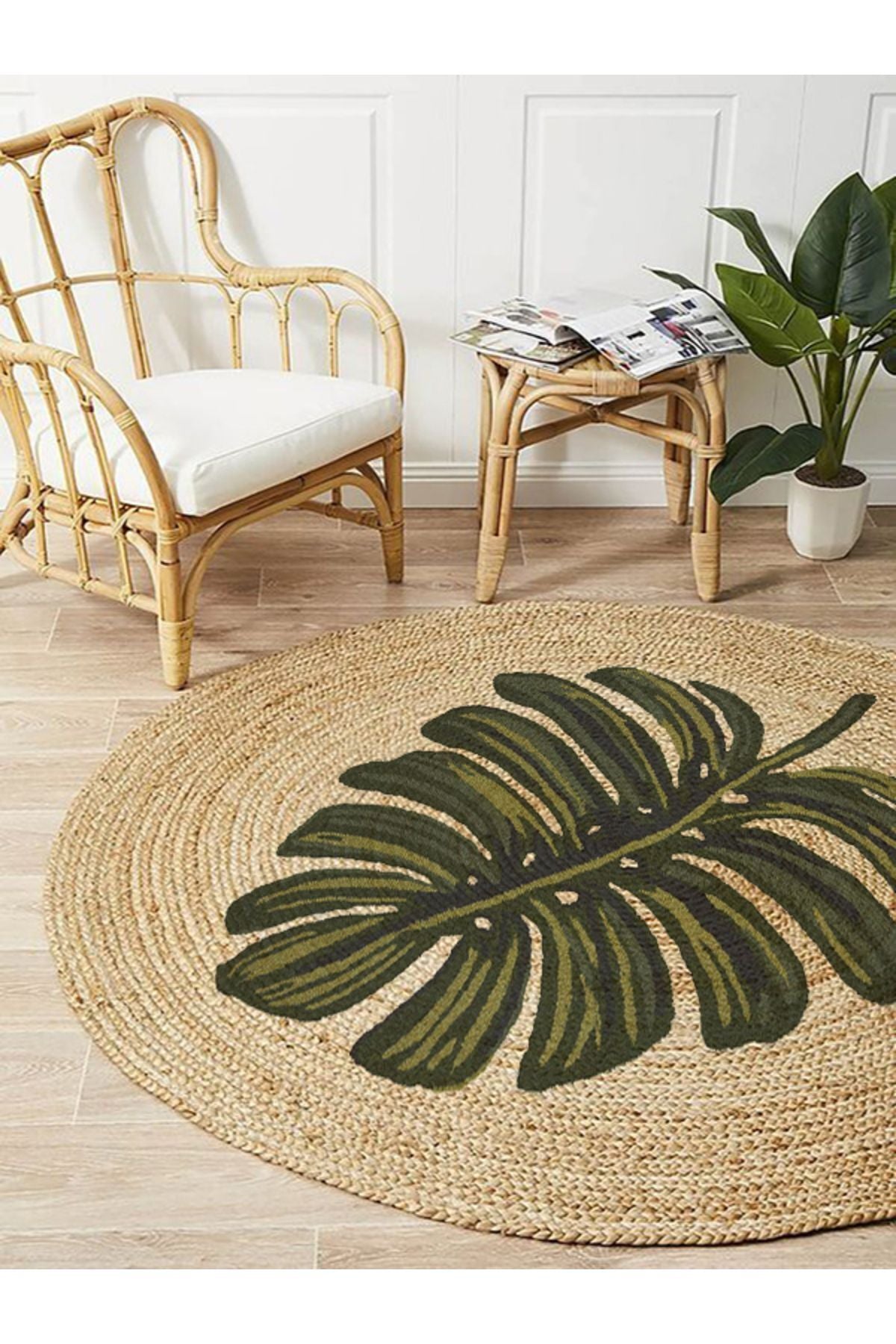 Boho 912 Yaprak Minimalist Tema Etnik Örgü Yuvarlak Natural Renk Çift Taraflı Halı, doğal renk tonlarıyla tasarlanmış, çift taraflı kullanılabilen jüt örgülü halı.