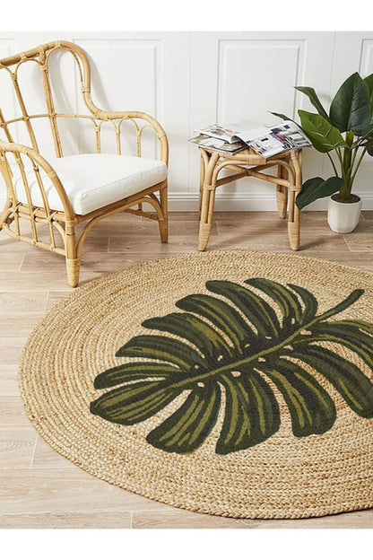 Boho 912 Yaprak Minimalist Tema Etnik Örgü Yuvarlak Natural Renk Çift Taraflı Halı, doğal renk tonlarıyla tasarlanmış, çift taraflı kullanılabilen jüt örgülü halı.