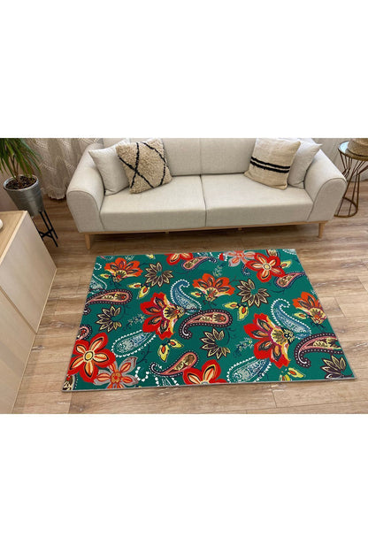 Halı Vagonu 10 Yeşil Tonlarında Çiçekli Modern Stil Geniş Alan Halısı Yıkanabilen Dekoratif Halı