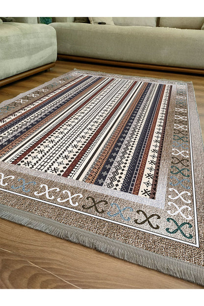 Halı Vagonu Halı 2075 Kahve Tonunda Dekoratif Halı Salon Halısı Saçaklı Yıkanabilen Halı