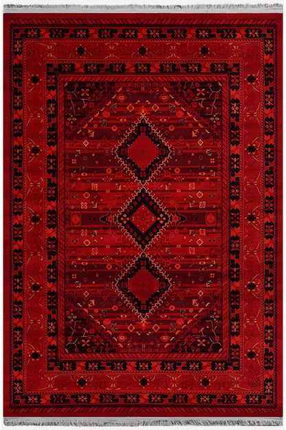 Halı Vagonu 90 Kırmızı Tonlarında Klasık Dekoratif Kilim Salon Halısı Saçaklı Yıkanabilen Halı