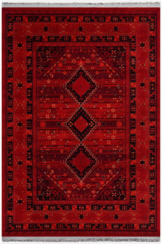 Halı Vagonu 90 Kırmızı Tonlarında Klasık Dekoratif Kilim Salon Halısı Saçaklı Yıkanabilen Halı
