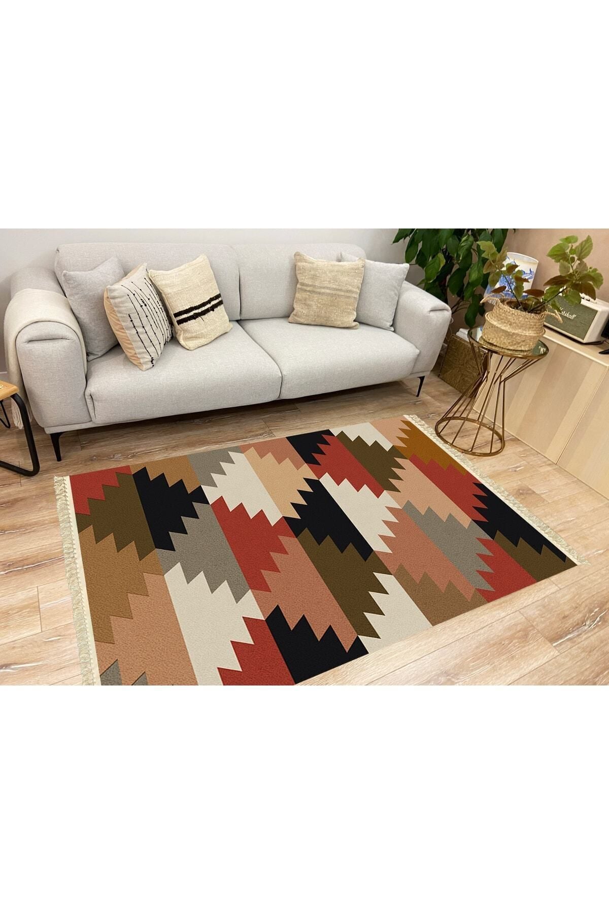 Cotton Serisi Multy Tonlarında Geometrik Baklavalı Desen Dekoratif Dokuma Taban Kilim