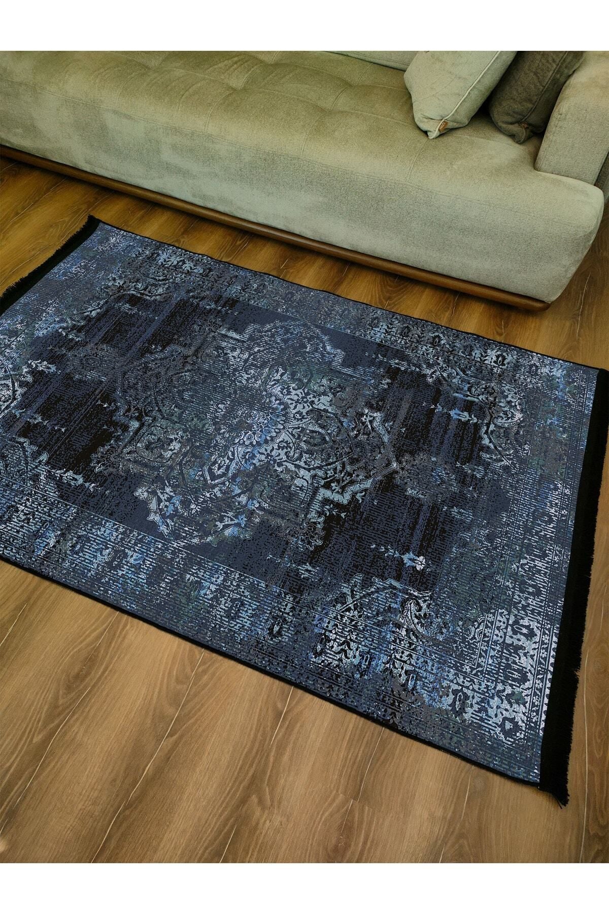 Halı Vagonu Serisi Lacivert Eskitme Antika Desen Kaymaz Taban Şönil Halı