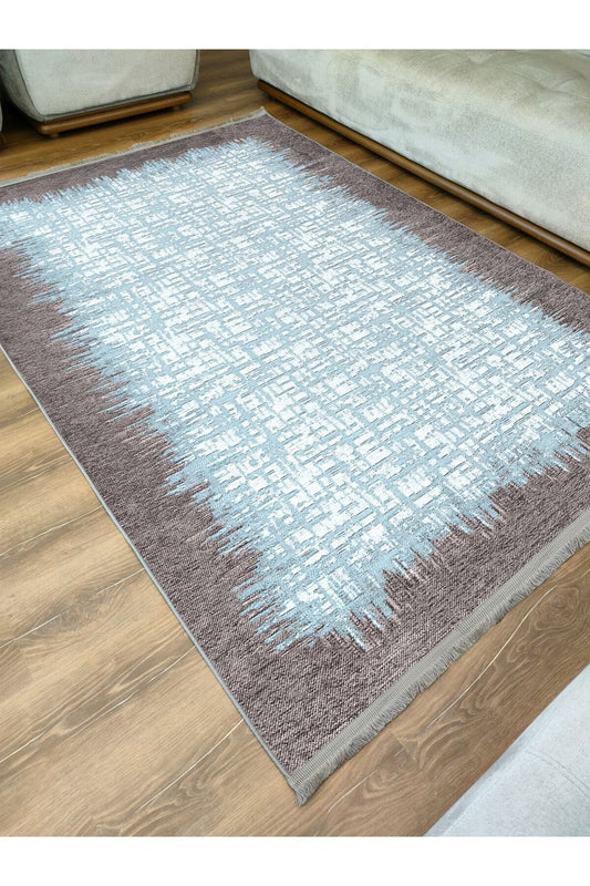 Halı Vagonu Serisi Mavi Tonlarında Çerçeveli Etnik Desen Kaymaz Taban Şönil Halı