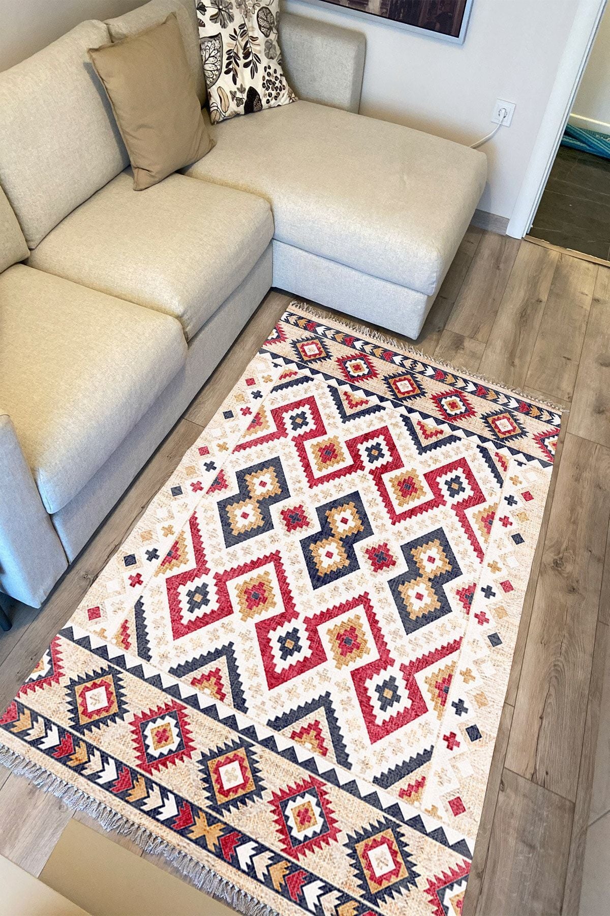 Cotton Serisi Multy Tonlarında Geometrik Hasır Görünümlü Otantik Dekoratif Dokuma Taban Kilim