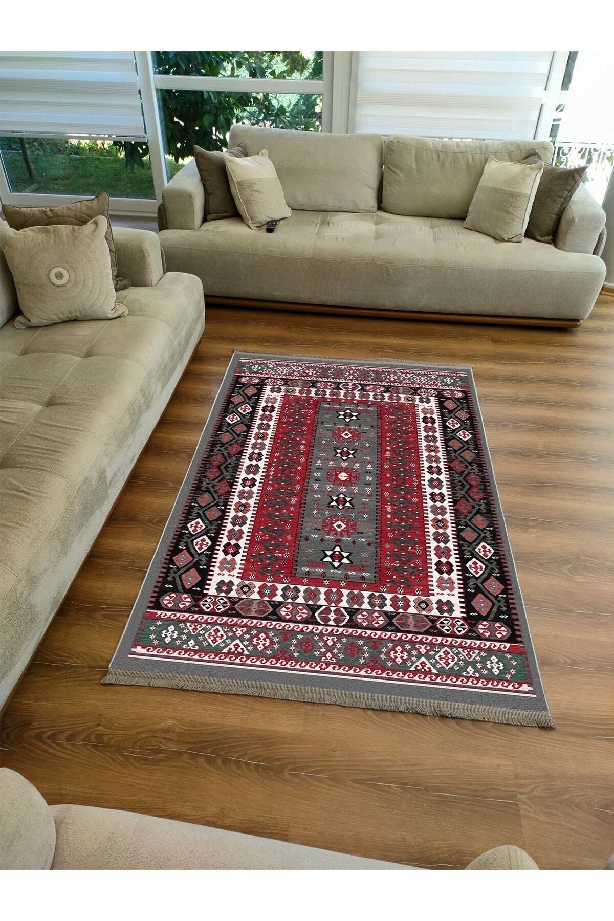 Halı Vagonu Serisi Antik Kırmızı Ve Siyah Tonlarında Otantik Desen Kaymaz Taban Şönil Halı