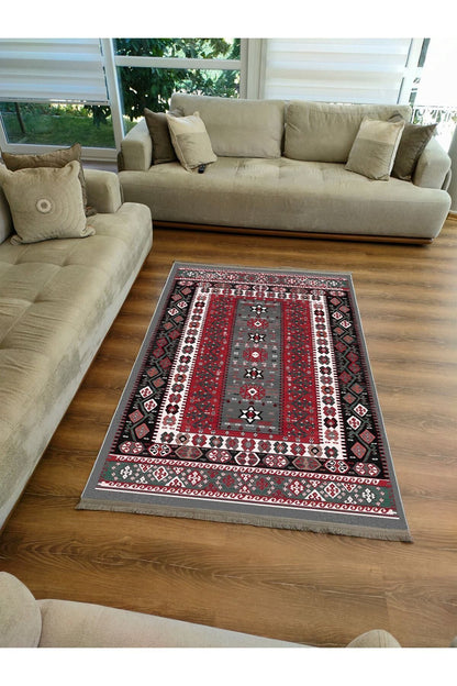 Halı Vagonu Serisi Antik Kırmızı Ve Siyah Tonlarında Otantik Desen Kaymaz Taban Şönil Halı