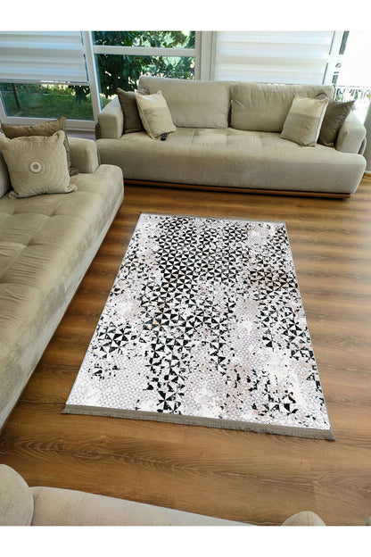 Halı Vagonu 2093 Gri Tonlarında Eskitme Geometrik Desen Kaymaz Taban Dekoratif Halı