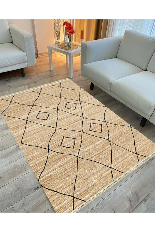 Cotton Serisi Hasır Görümülü Siyah Baklava Eskitme Otantik Desenli Dekoratif Dokuma Taban Kilim