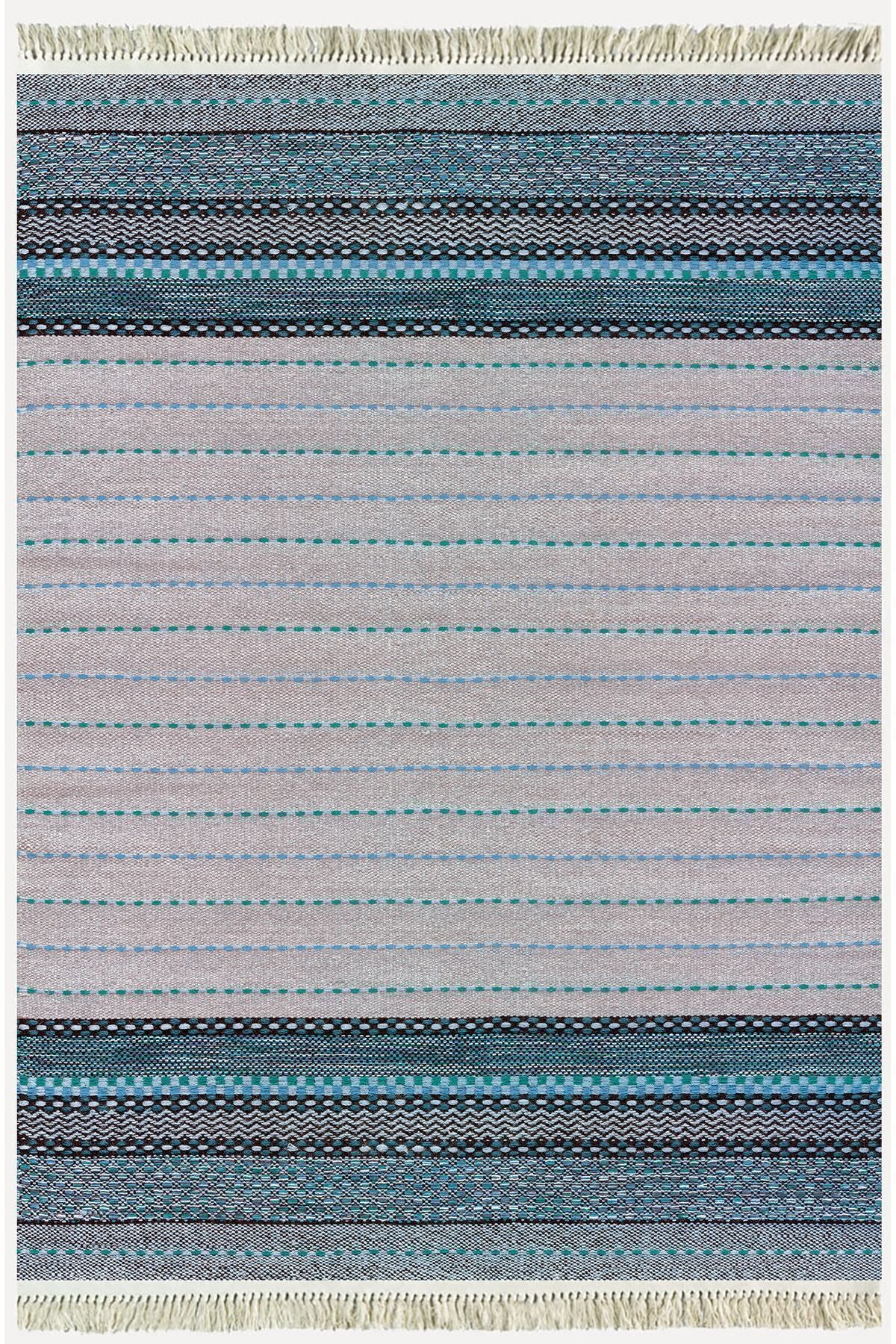 Cotton Kilim 52 Mavi Ve Gri Zeminli Geneleksel Motifler Modern Dekoratif Yıkanabilen Dokuma Kilim