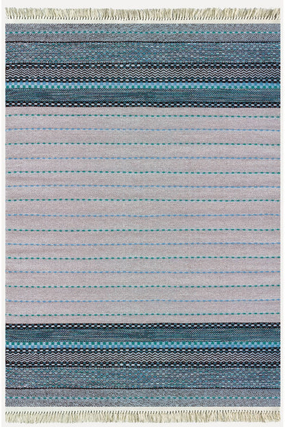 Cotton Kilim 52 Mavi Ve Gri Zeminli Geneleksel Motifler Modern Dekoratif Yıkanabilen Dokuma Kilim