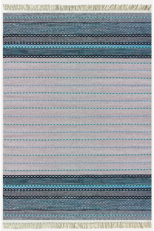 Cotton Kilim 52 Mavi Ve Gri Zeminli Geneleksel Motifler Modern Dekoratif Yıkanabilen Dokuma Kilim