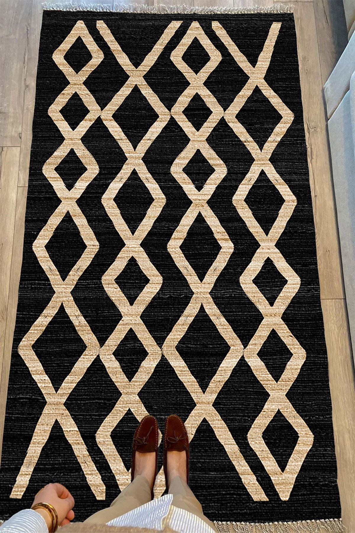 Cotton Serisi Siyah Ve Hasır Görünümlü Otantik Etnik Desenli Dekoratif Dokuma Taban Kilim