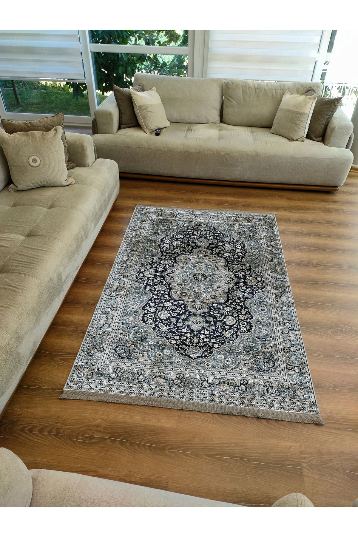 Halı Vagonu 2050 Haki Tonlarında Etnik Eskitme Pamuk  Dokuma Taban Halı