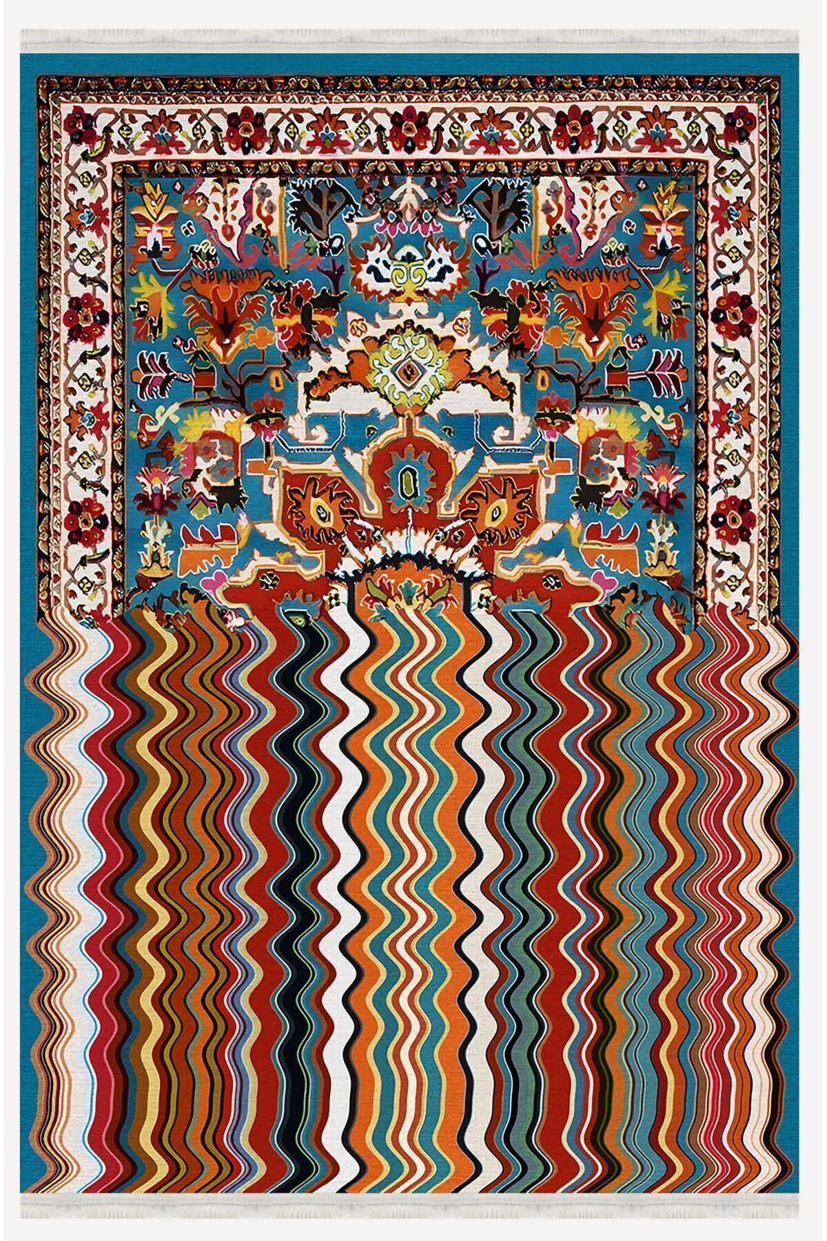 Halı Vagonu132 Klasik Çizgili Desen Modern Halı Dekoratif Salon Halısı Saçaklı Yıkanabilen Halı