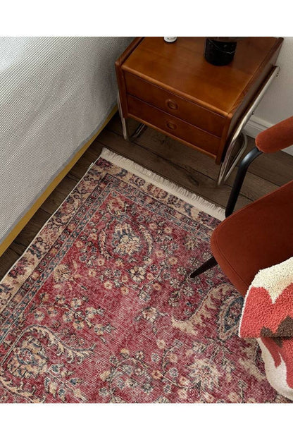 Halı Vagonu 2047 Bordo Tonlarında Etnik Eskitme Pamuk  Dokuma Taban Halı