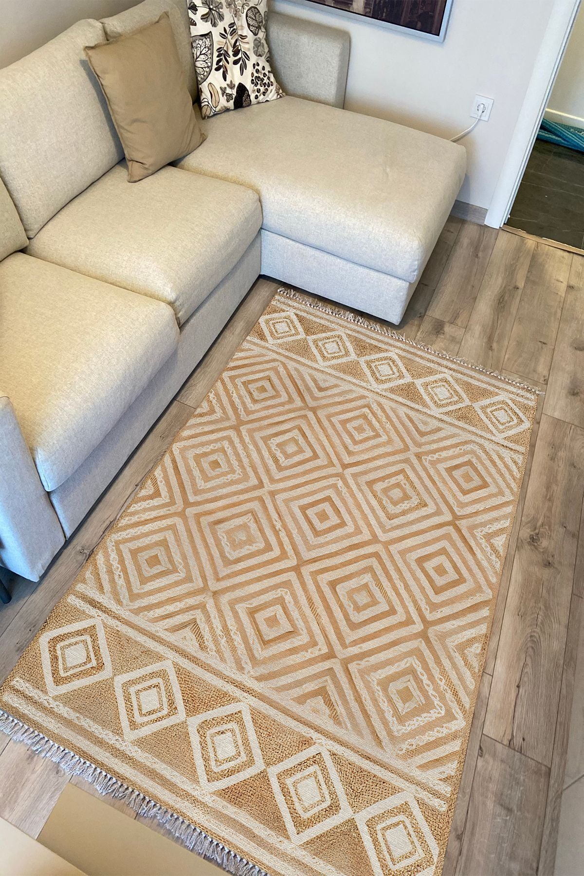 Cotton Kilim 10 Iskandinav Krem Tonunda Dekoratif Yıkanabilen Dokuma Taban Kilim