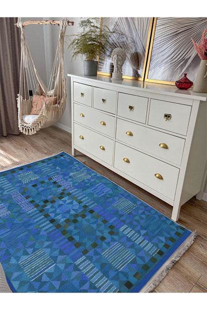 Halı Vagonu121 Etnik Otantik Mavi Tonlartında Dekoratif Salon Halısı Saçaklı Yıkanabilen Halı