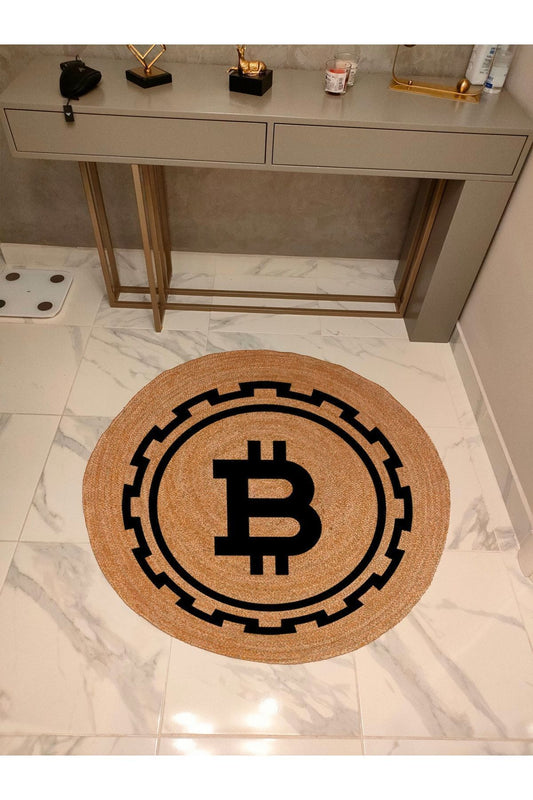 Boho 927 Jüt Doğa Iplik Ile Üretilmiş Bitcoin Desenli Yuvarlak Natural Renk Çift Taraflı Halı