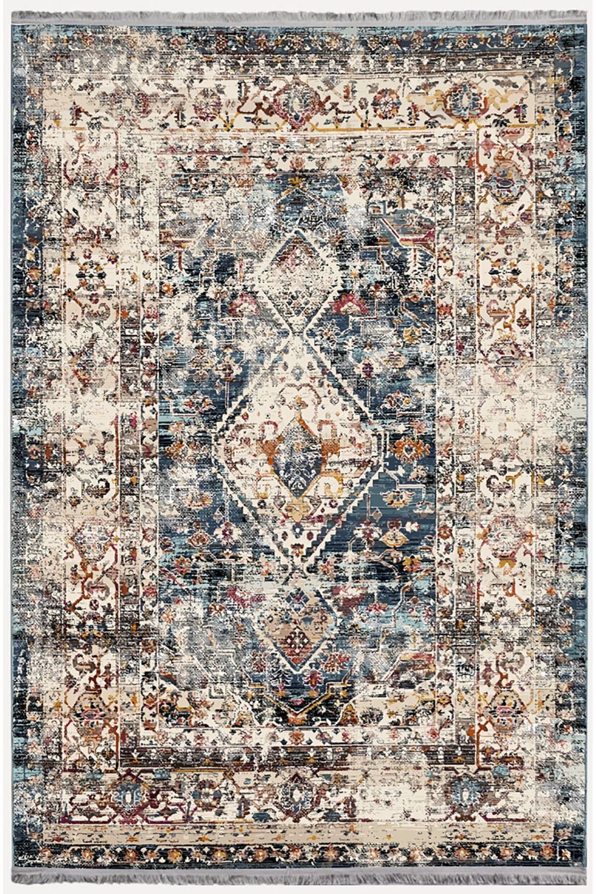 Mars 2162 Krem Ve Mavi Tonlarında Klasik Eskitme Desen Saçakli Dekoratif Halı