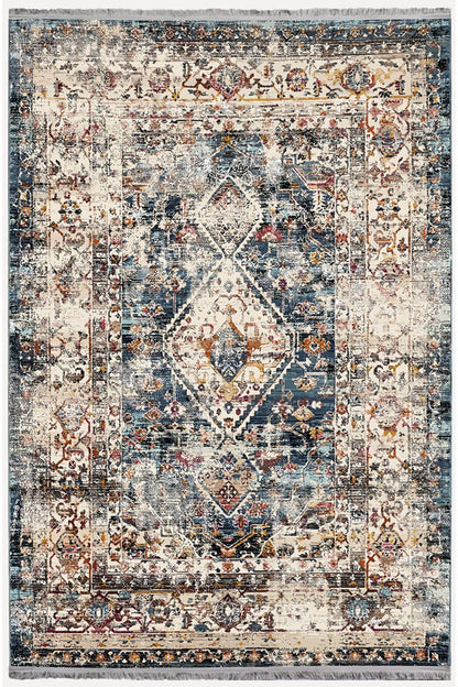 Mars 2162 Krem Ve Mavi Tonlarında Klasik Eskitme Desen Saçakli Dekoratif Halı