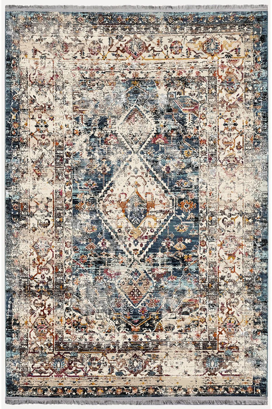 Mars 2162 Krem Ve Mavi Tonlarında Klasik Eskitme Desen Saçakli Dekoratif Halı