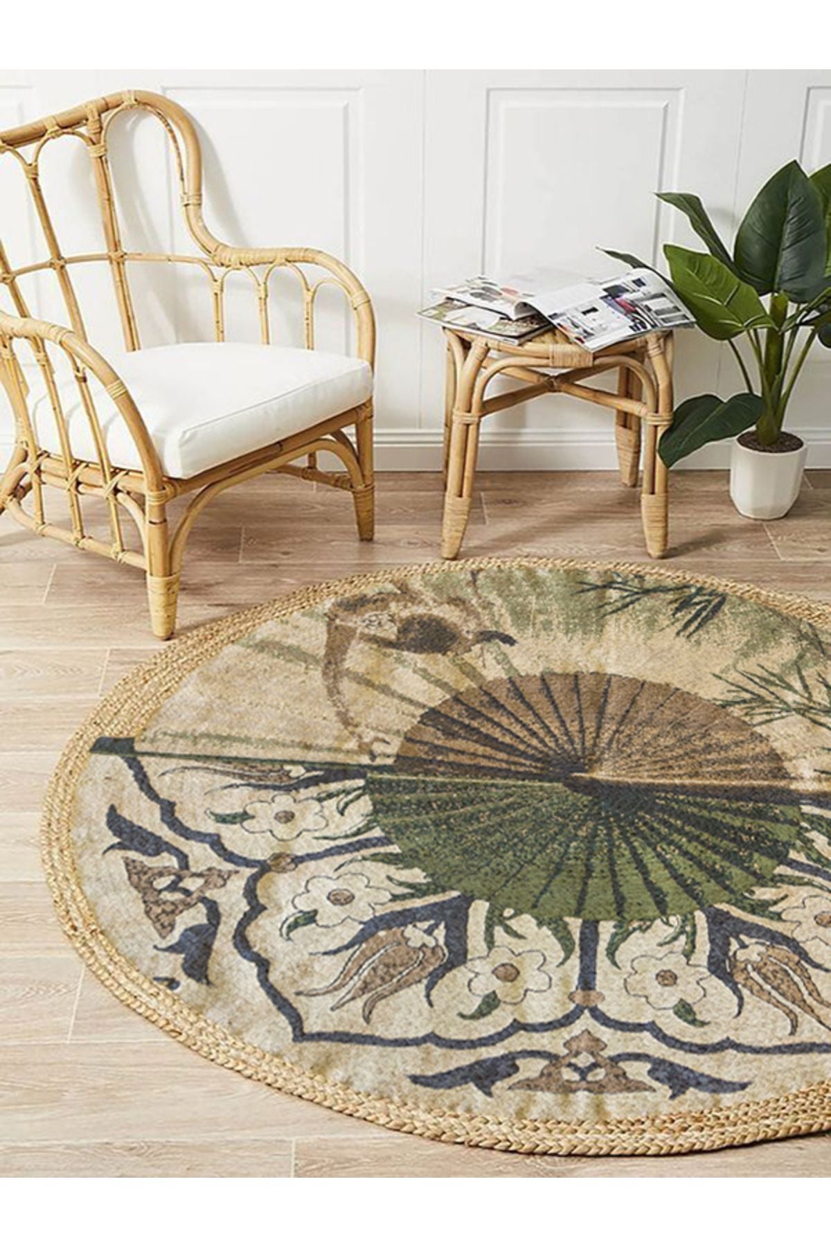Boho 901 Doğa Ve Botanik Desenli Etnik Örgü Yuvarlak Natural Renk Çift Taraflı Halı, Türkiye'de üretilmiş Jüt Görünümlü Örgü Halı olarak kullanışlı ve şık bir seçenek.