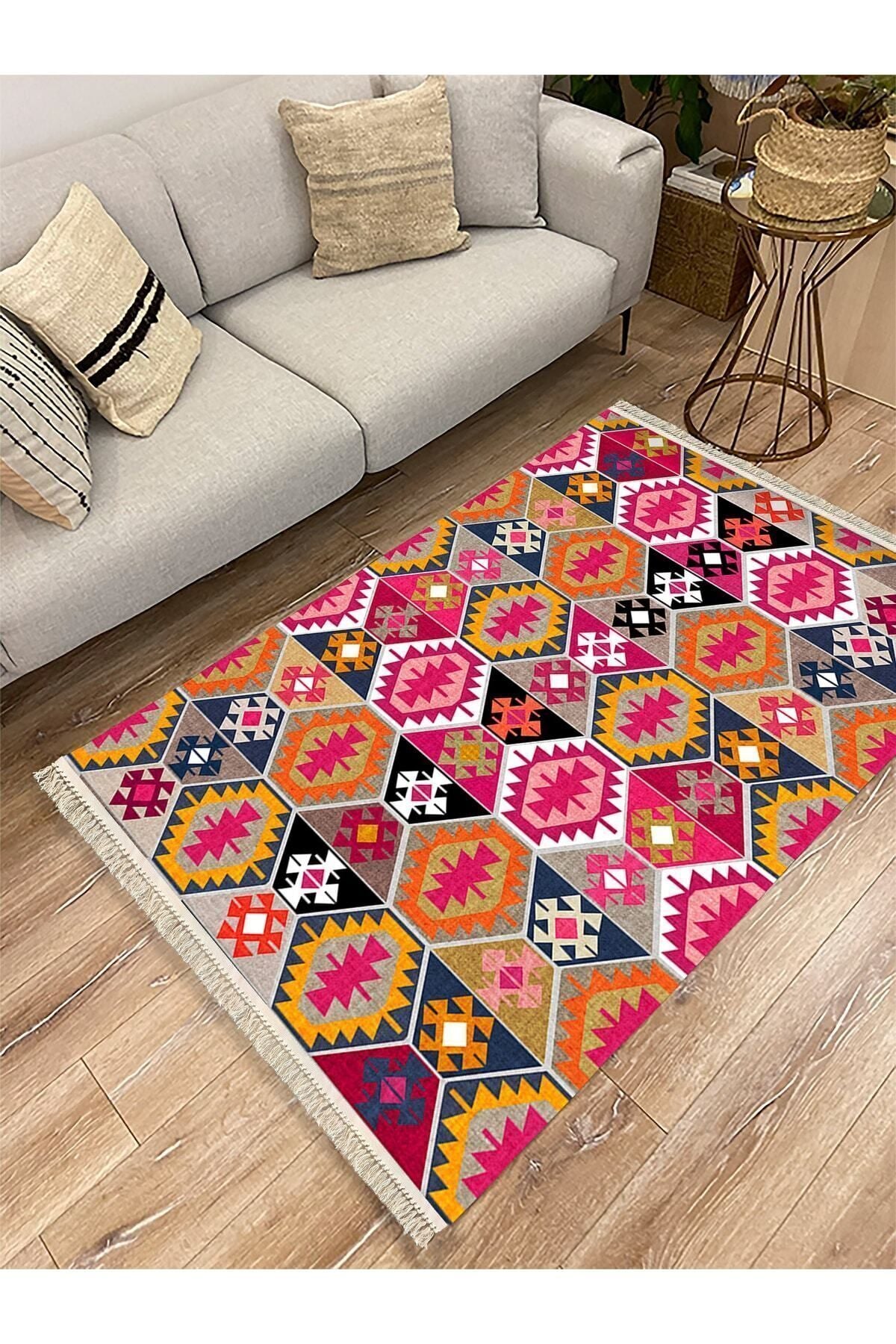 Cotton Serisi Pembe Ve Kahverengi Tonlarında Geometrik Desen Dekoratif Dokuma Taban Kilim