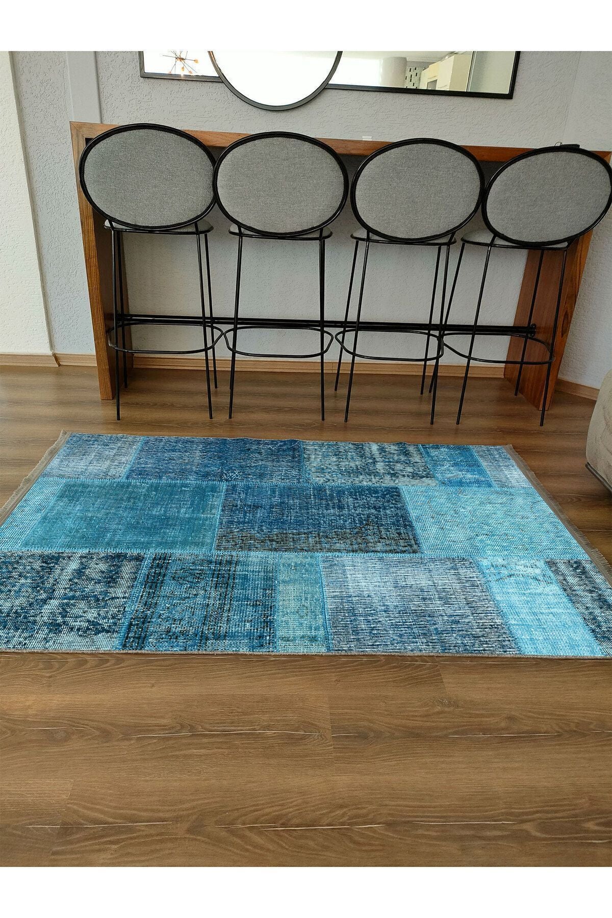Halı Vagonu Halı 2090 Mavi Tonunda Dekoratif Halı Salon Halısı Saçaklı Yıkanabilen Halı