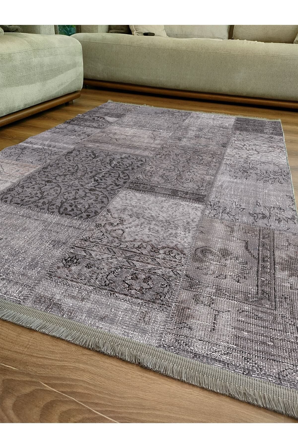 Halı Vagonu Serisi Gri Tonlarında Patchwork Desen Kaymaz Taban Şönil Halı