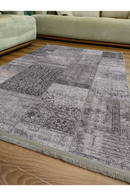Halı Vagonu Serisi Gri Tonlarında Patchwork Desen Kaymaz Taban Şönil Halı