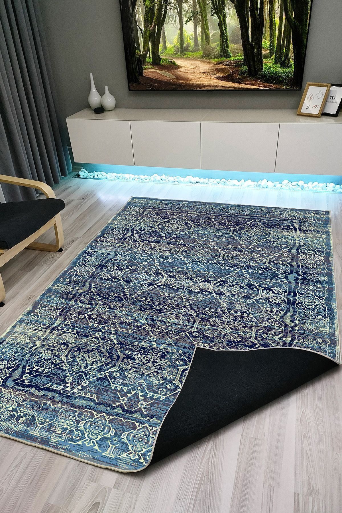 Halı Vagonu 1009 Mavi Tonlarında Klasik Dekoratif Kaymaz Taban Halı