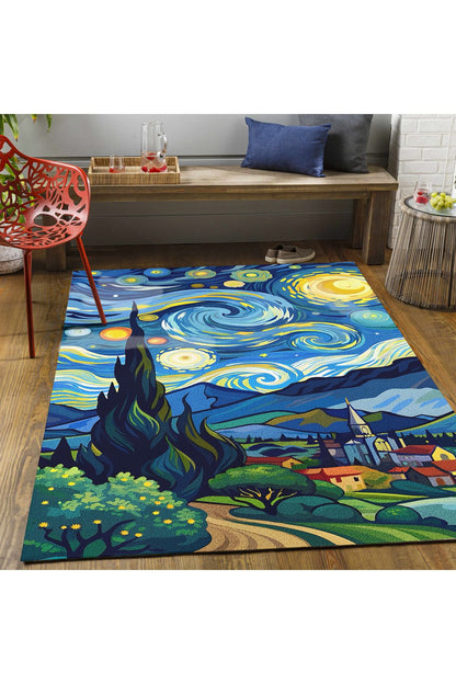 van gogh yıldızlı geceler Pastel Tonlarında Dokuma Taban Salon Halısı Çocuk Halısı  Halı Vagonu 259