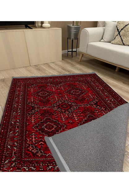Halı Vagonu 2168 Bordo Tonlarında Geleneksel Klasik Yıkanabilen Dekoratif Halı