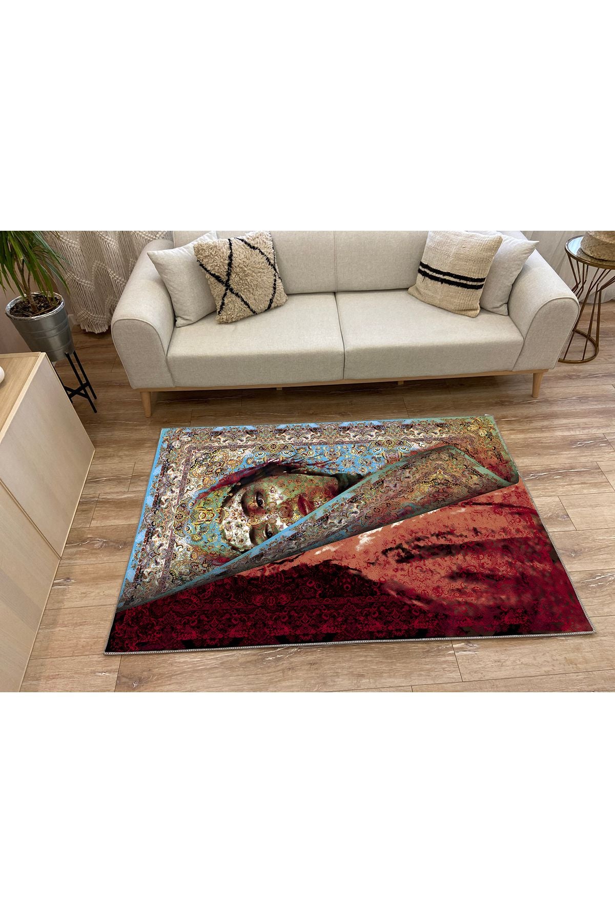 Halı Vagonu 150 Mavi Ve Bordo Tonlarda Kadın Silüeti Etnik Desenli Vintage Dokuma Taban Halı