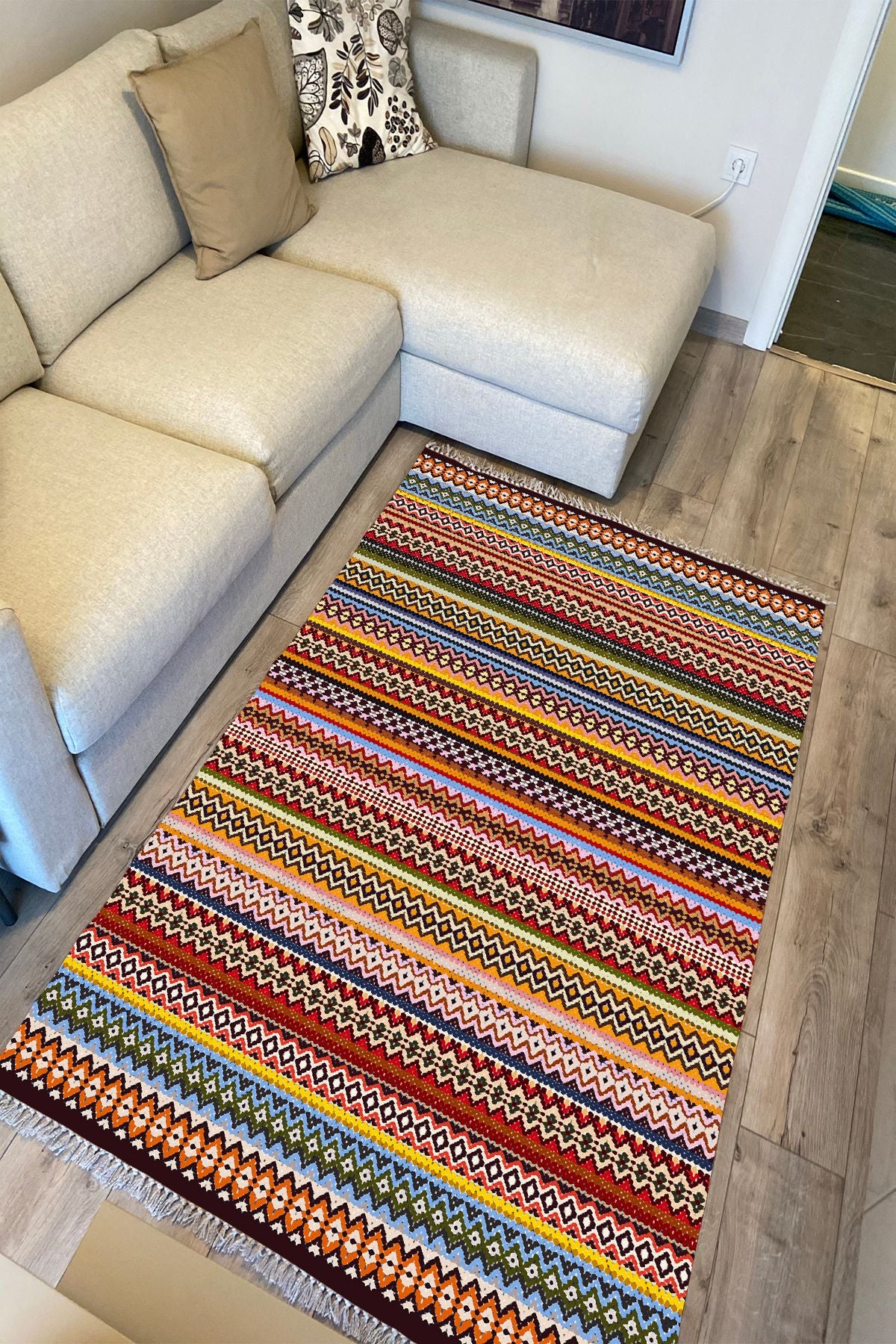 Cotton Kilim 77 Çok Renkli Etnik Bohem Stil Pamuk Taban