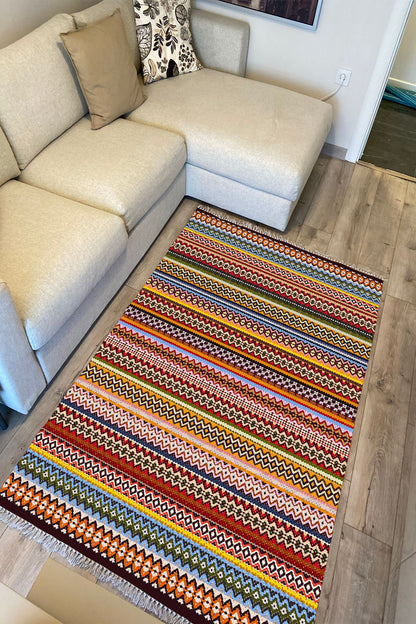Cotton Kilim 77 Çok Renkli Etnik Bohem Stil Pamuk Taban