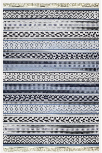 Cotton Kilim 9 Mavi Tonunda Geometrik Desenli Dekoratif Yıkanabilen Dokuma Taban Kilim