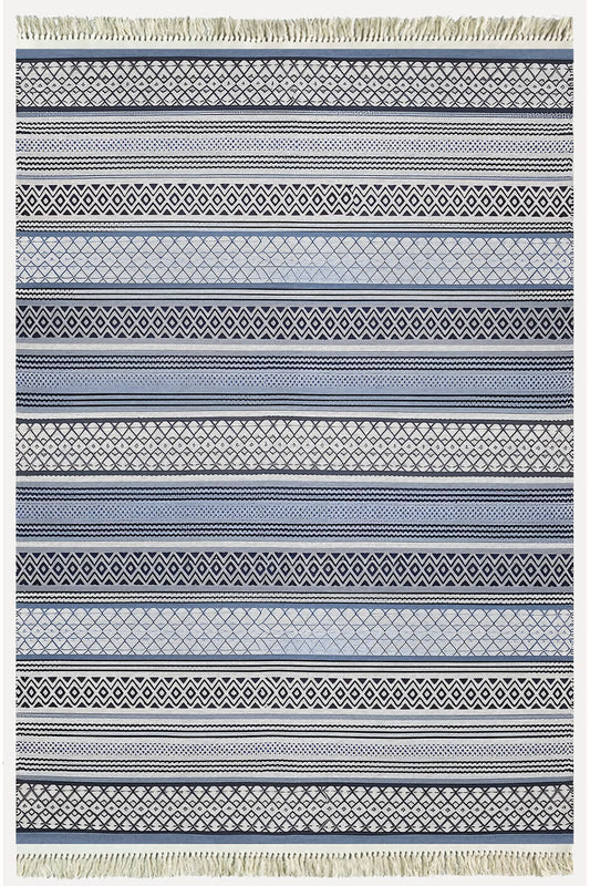 Cotton Kilim 9 Mavi Tonunda Geometrik Desenli Dekoratif Yıkanabilen Dokuma Taban Kilim