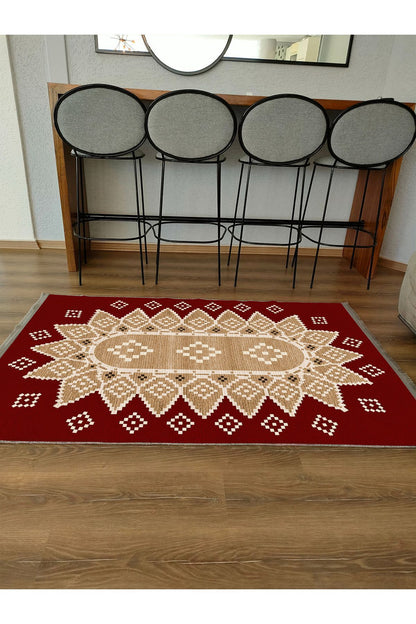 Halı Vagonu107 Kırmızı Tonlarında Klasık Dekoratif Kilim Salon Halısı Saçaklı Yıkanabilen Halı