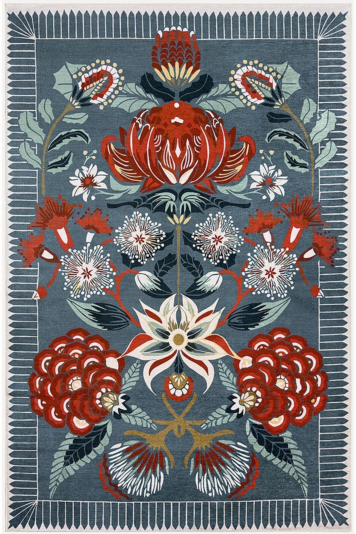 Yeşil Temalı Kırmızı Gül Tonlarında Klasik Modeli Pamuk Dokuma Saçaklı Yakanabilir Halı Vagonu2179