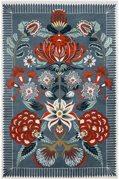 Yeşil Temalı Kırmızı Gül Tonlarında Klasik Modeli Pamuk Dokuma Saçaklı Yakanabilir Halı Vagonu2179