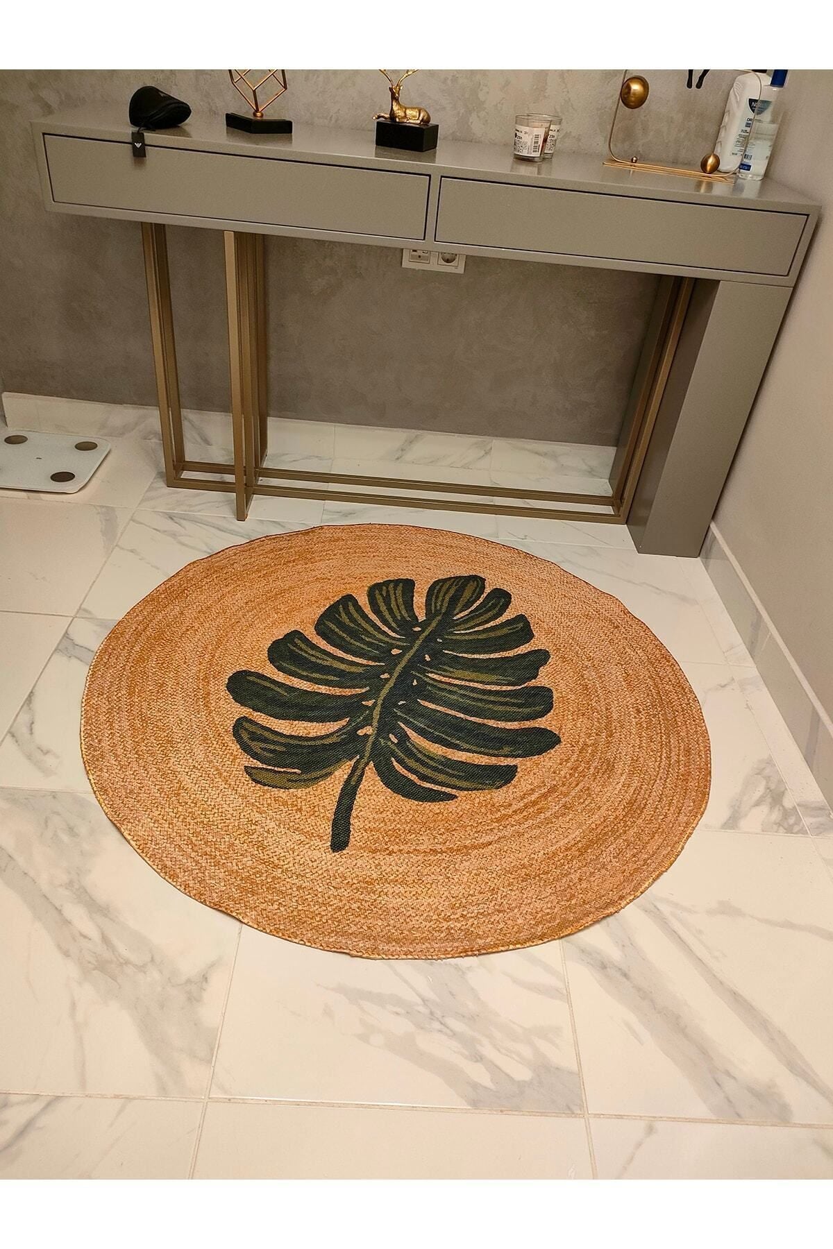 Mars 912 Hasır Jüt Görünümlü Dokuma Yıkanabilir Halı Ve Kilim Pamuk Taban Yeşil Yaprak