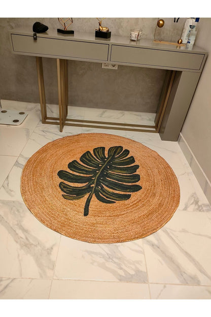 Mars 912 Hasır Jüt Görünümlü Dokuma Yıkanabilir Halı Ve Kilim Pamuk Taban Yeşil Yaprak