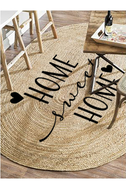 Boho 945 Home Sweet Home Temalı Etnik Desenli Oval Jüt Örme Doğal Hasır Kilim Daire Halı