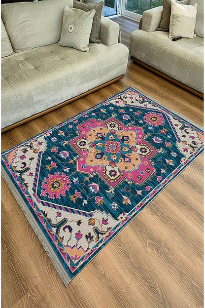 Halı Vagonu86 Etnik Desenli Yıkanabilir Kaymaz Tabanlı Salon Halısı, Koridor Ve Mutfak Halısı